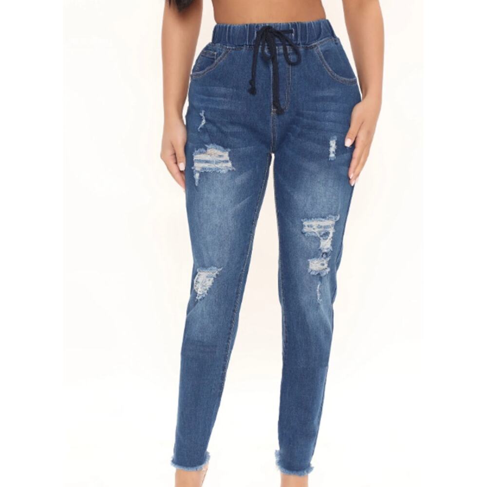 Drawstring Ripped Denim Jeans - California Vintage - Size 5 M